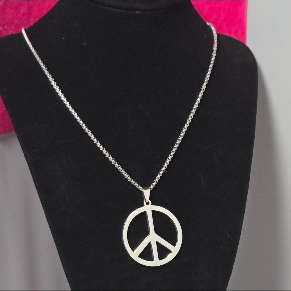 Stainless Steel Peace Sign Necklace 24" Box Chain Y2K Festival Unisex